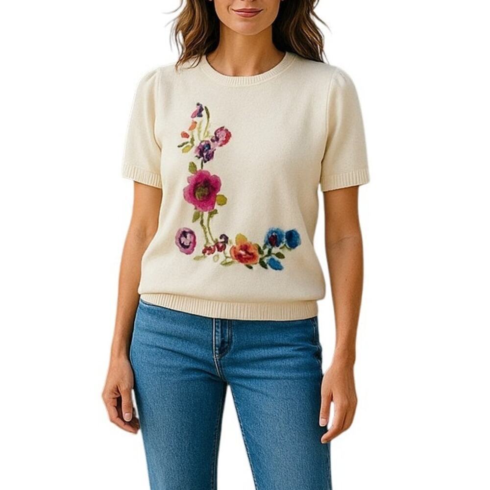 220 Hickory Cream Embroidered Floral Short Sleeve Sweater Top L Ramie Cotton